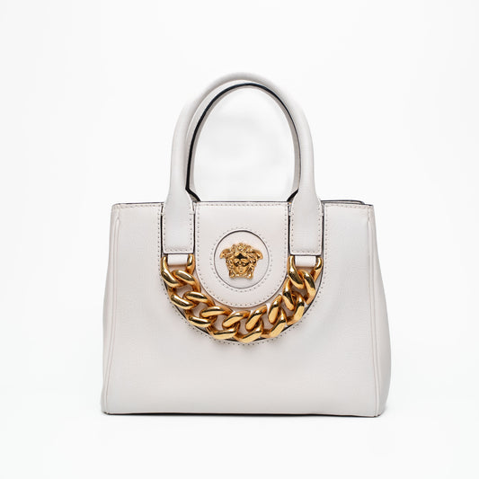 Versace La Medusa White Grained Leather Mini Tote Bag