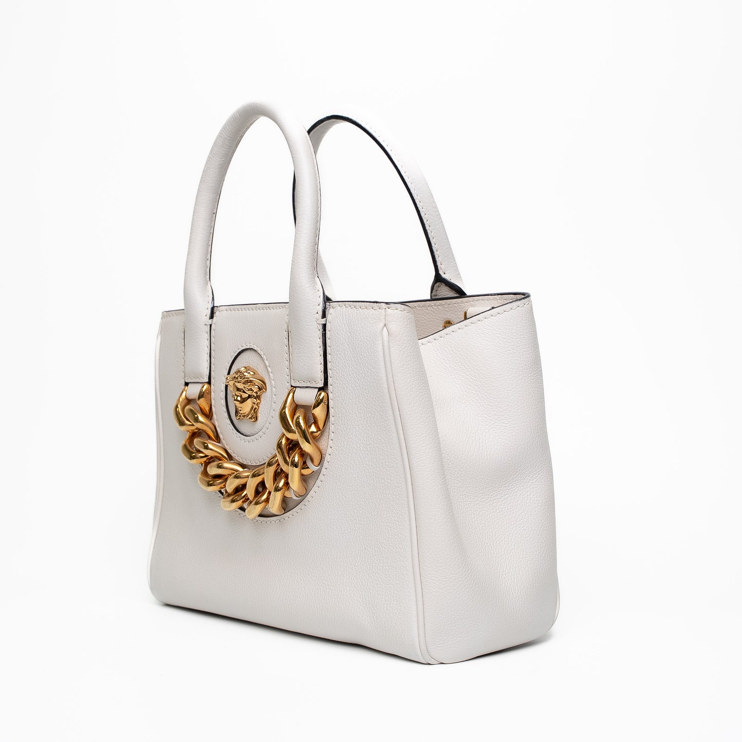 Versace La Medusa White Grained Leather Mini Tote Bag