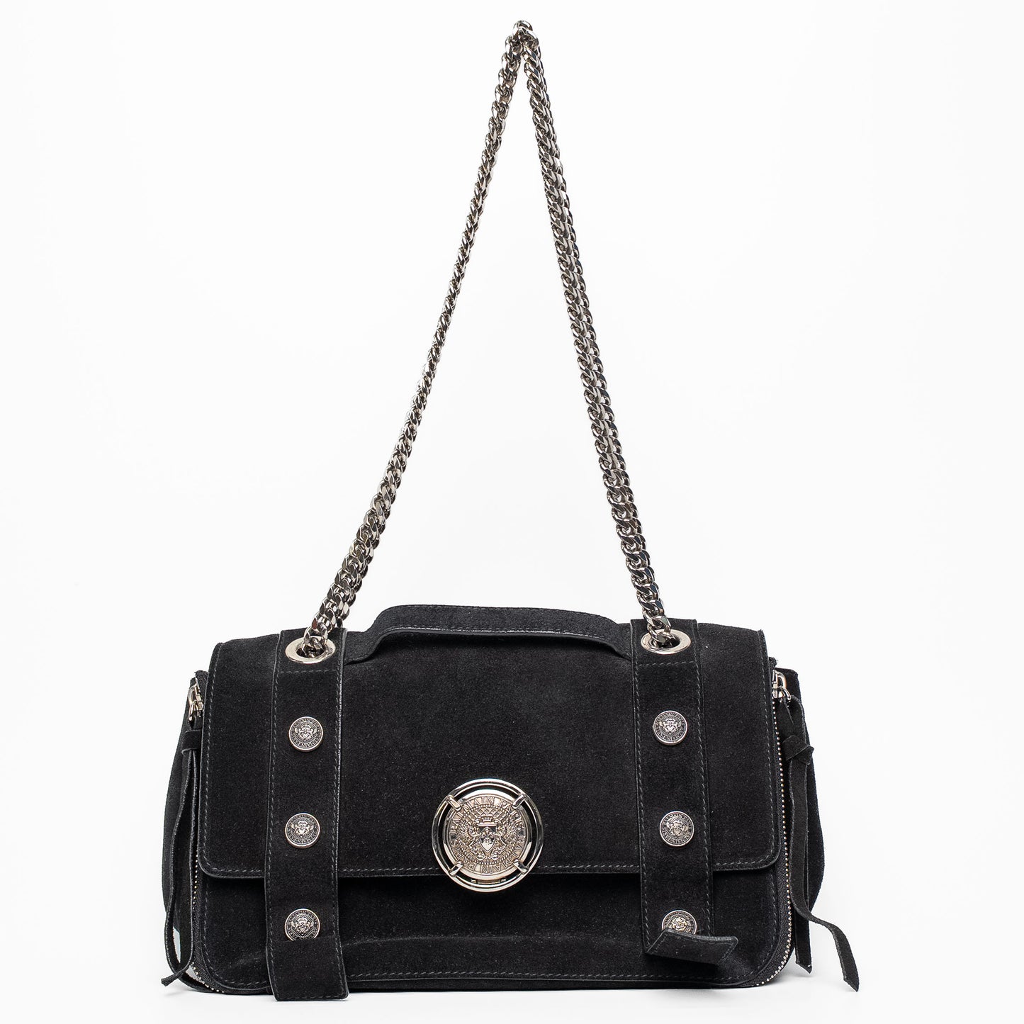 Balmain Paris Black Suede Medallion Chain Shoulder Flap Bag