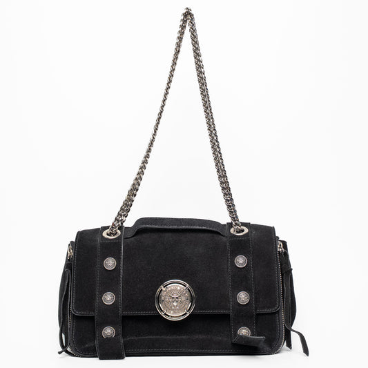 Balmain Paris Black Suede Medallion Chain Shoulder Flap Bag