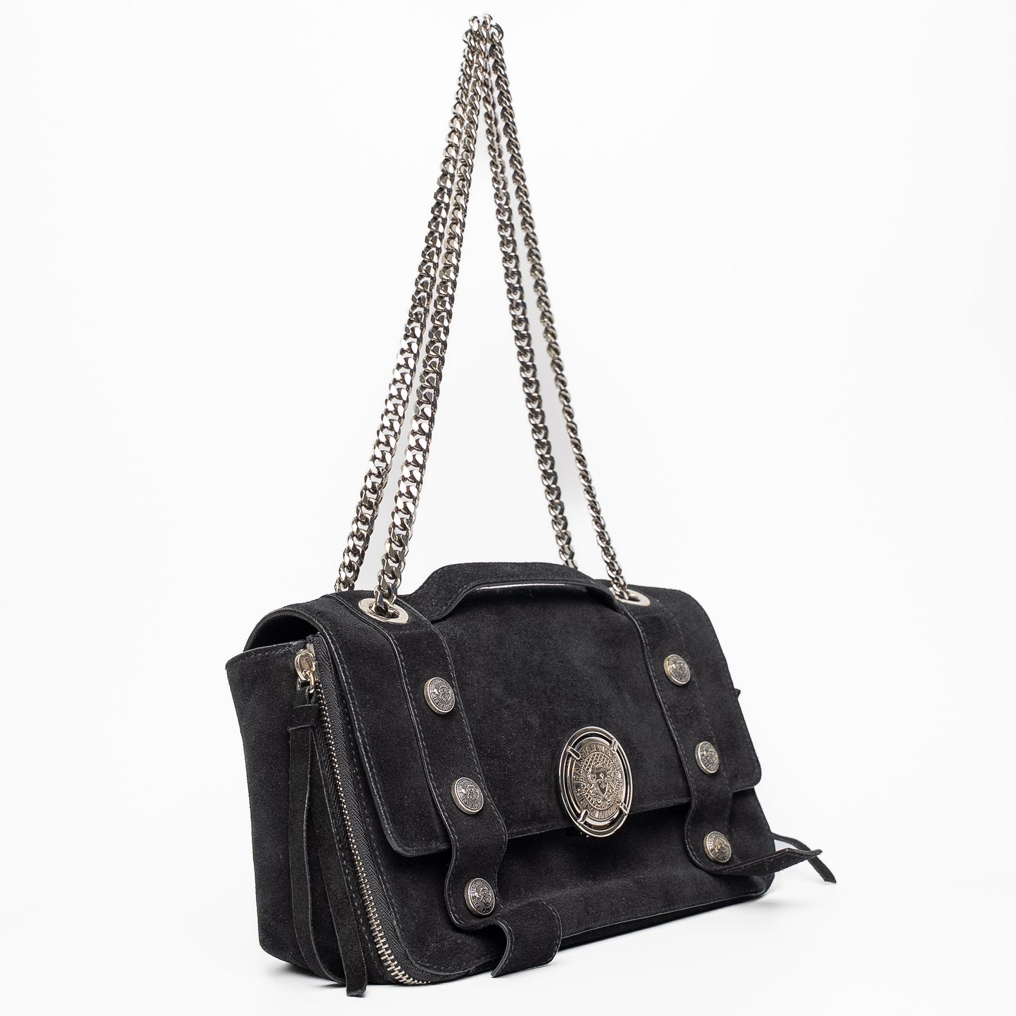 Balmain Paris Black Suede Medallion Chain Shoulder Flap Bag