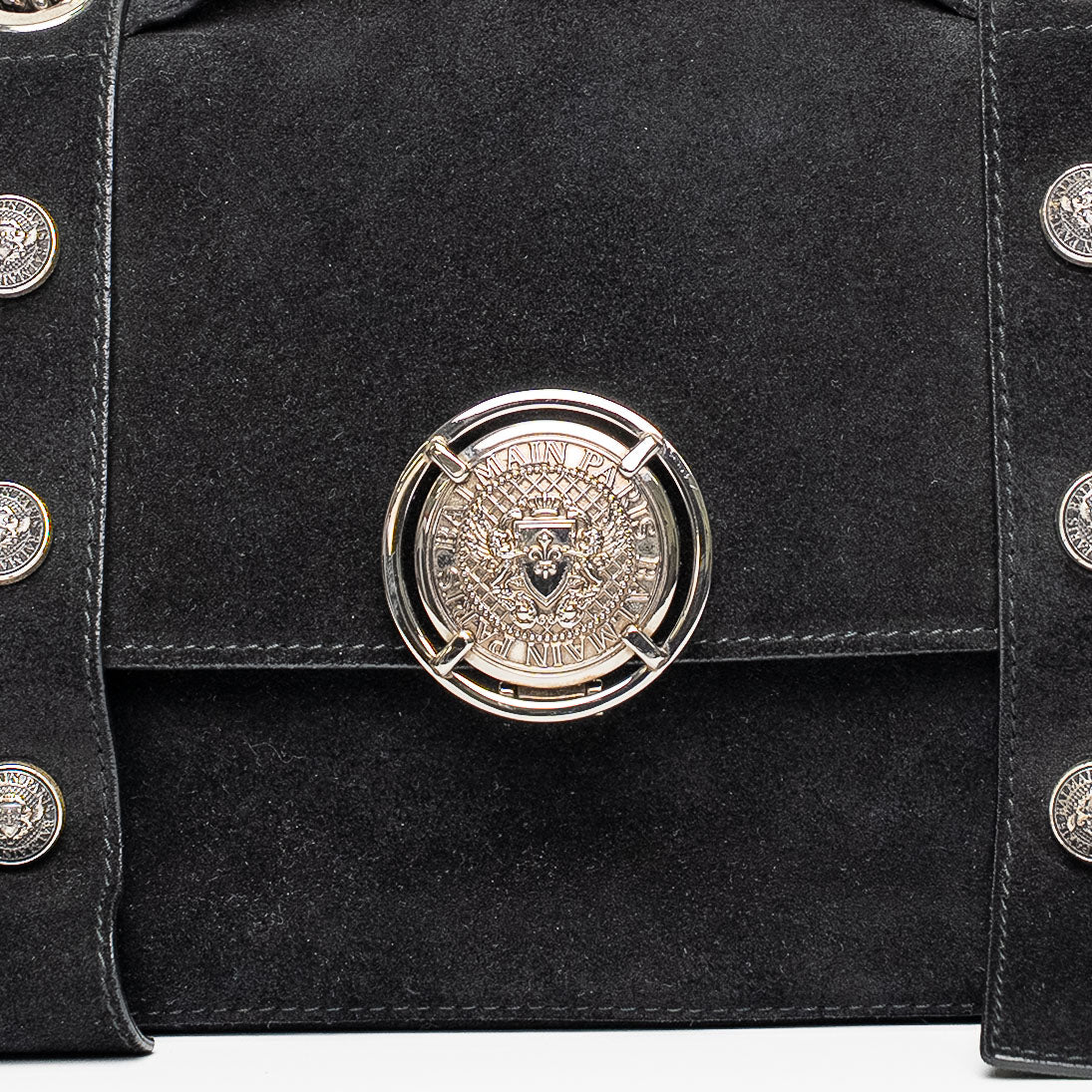 Balmain Paris Black Suede Medallion Chain Shoulder Flap Bag