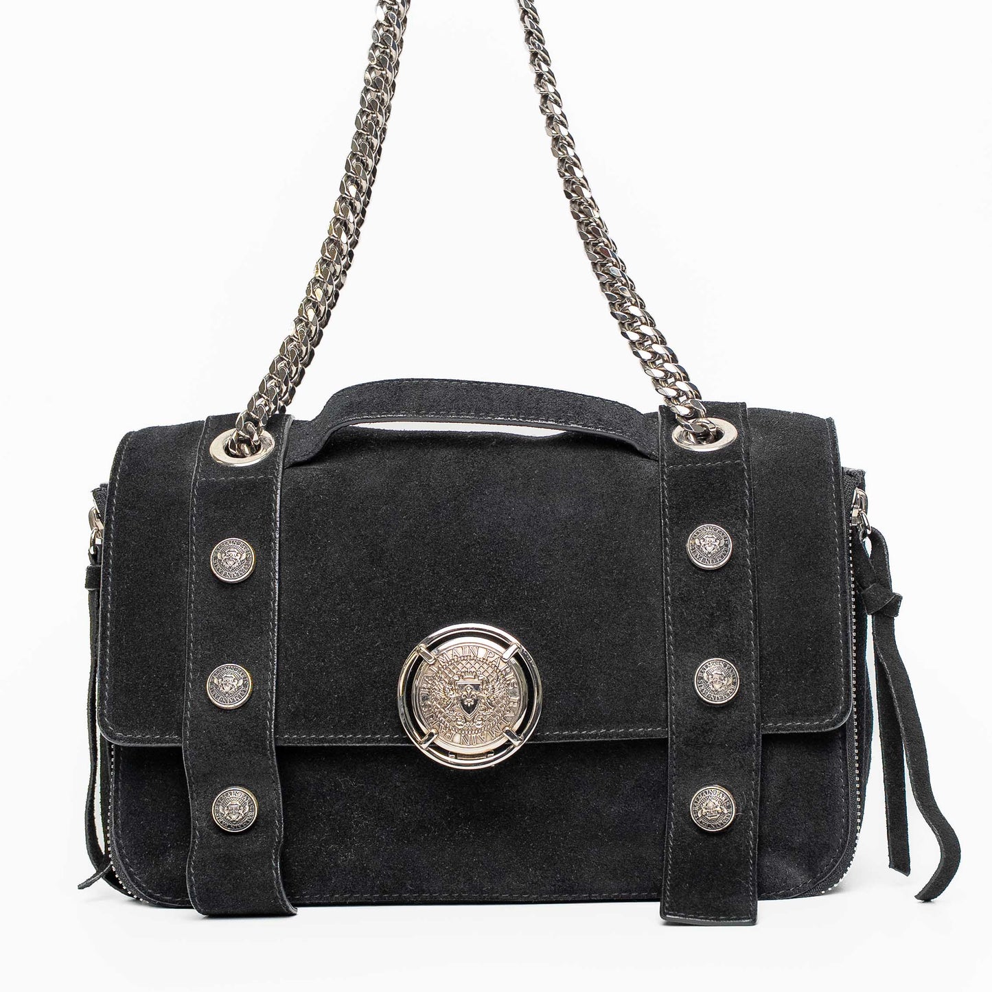 Balmain Paris Black Suede Medallion Chain Shoulder Flap Bag
