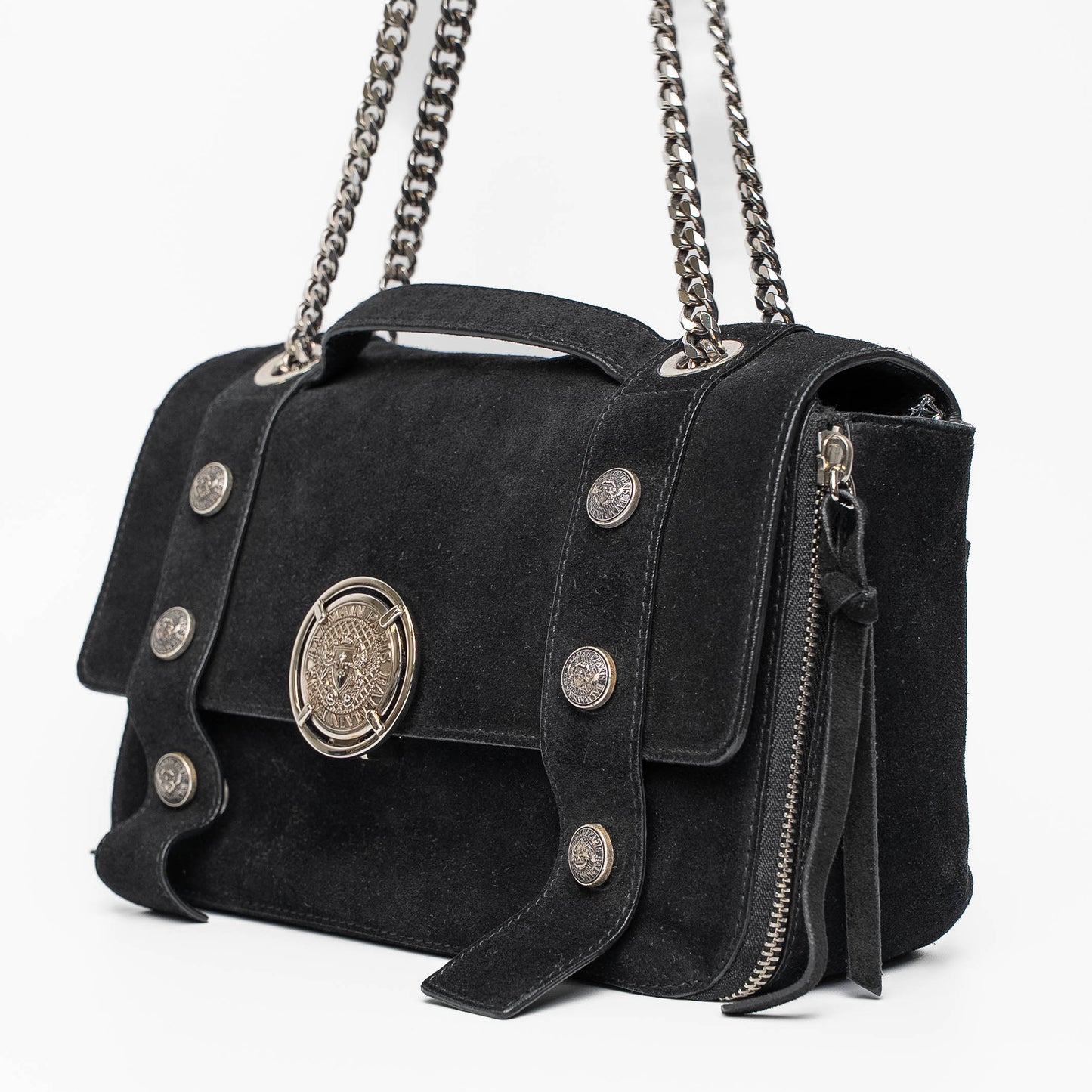 Balmain Paris Black Suede Medallion Chain Shoulder Flap Bag