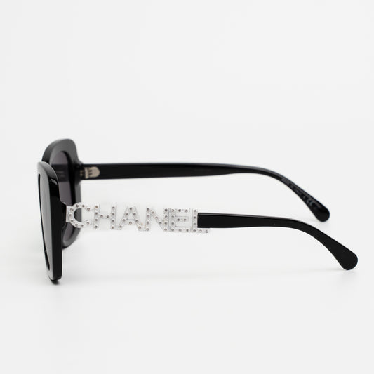 Chanel Strass Logo Temple Black Sunglasses