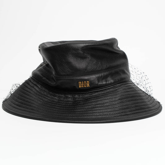 Dior Black Leather Veiled Bucket Hat