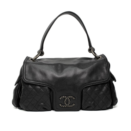 Chanel Glazed Caviar Large Coco Rider Flap Hobo Black
