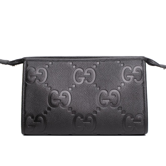 Gucci Jumbo GG Black Leather Zip Clutch Pouch Set