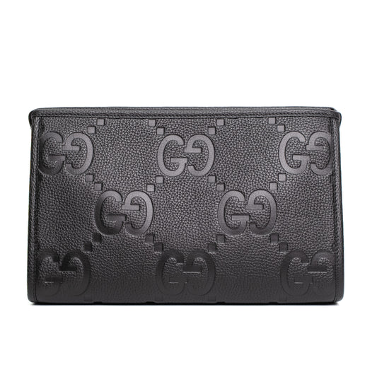 Gucci Jumbo GG Black Leather Zip Clutch Pouch Set