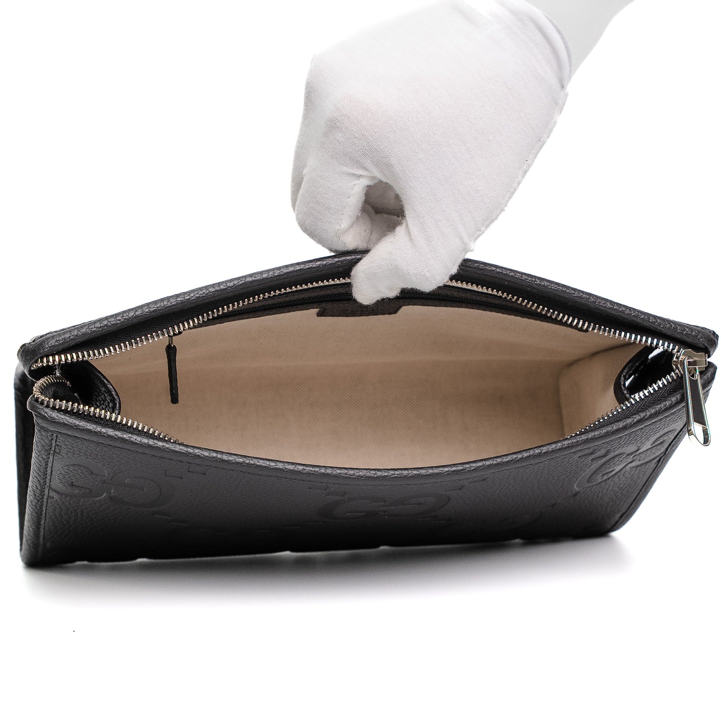 Gucci Jumbo GG Black Leather Zip Clutch Pouch Set