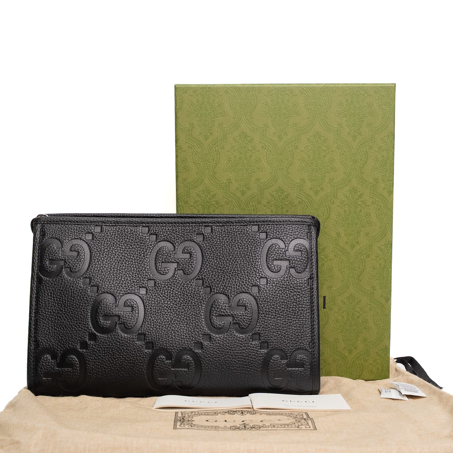 Gucci Jumbo GG Black Leather Zip Clutch Pouch Set