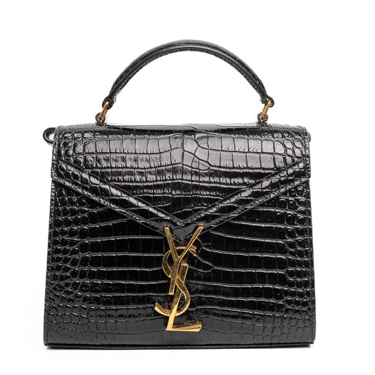 Saint Laurent Croc Embossed Black Leather Top Handle Bag