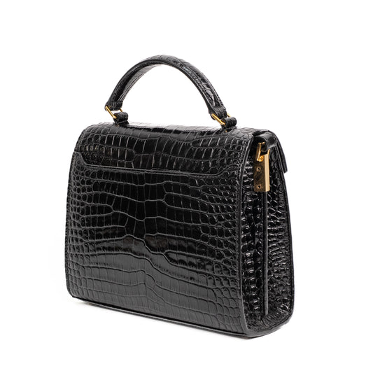 Saint Laurent Croc Embossed Black Leather Top Handle Bag