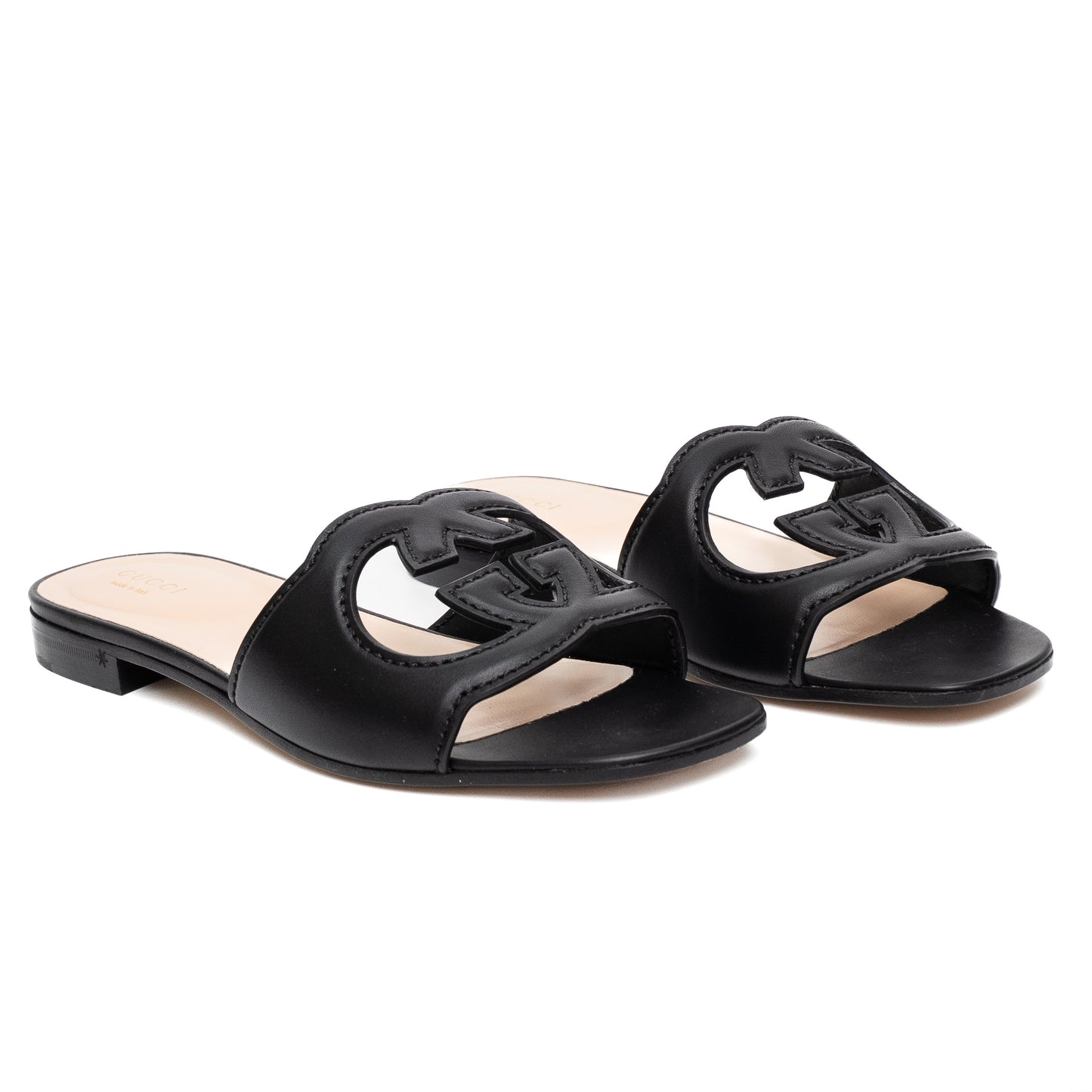Gucci Interlocking G Black Leather Slide Sandals