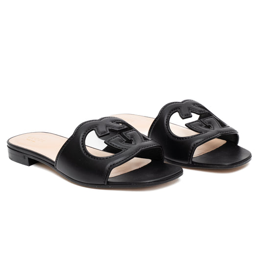Gucci Interlocking G Black Leather Slide Sandals