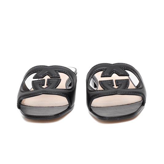 Gucci Interlocking G Black Leather Slide Sandals