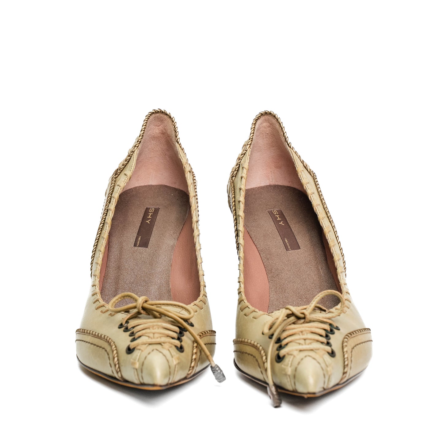 SHY Lace Detail Beige Leather Pumps Heels