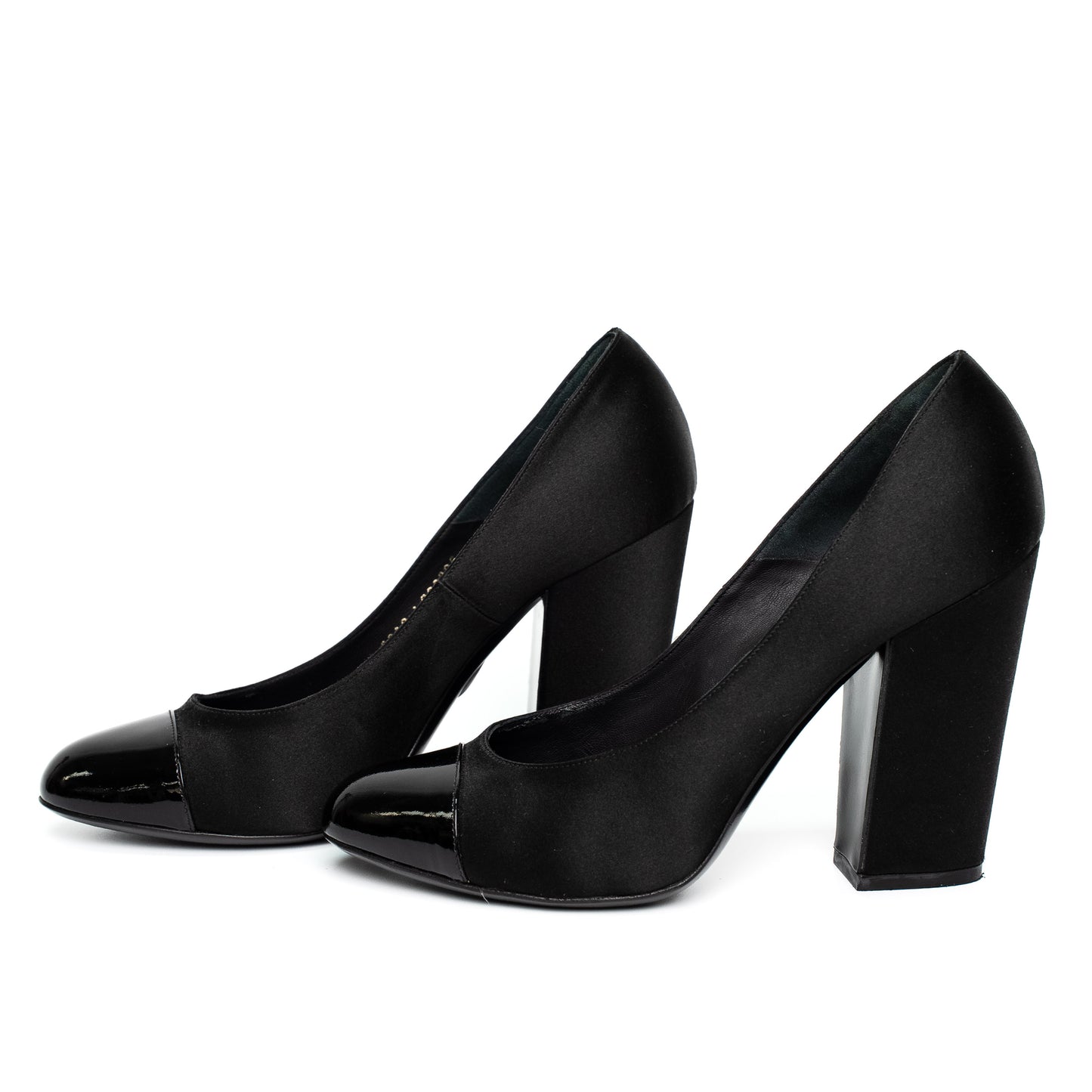 Chanel Black Satin Patent Cap Toe Heels