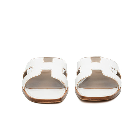 Hermès Oran White Calfskin Leather Slide Sandals