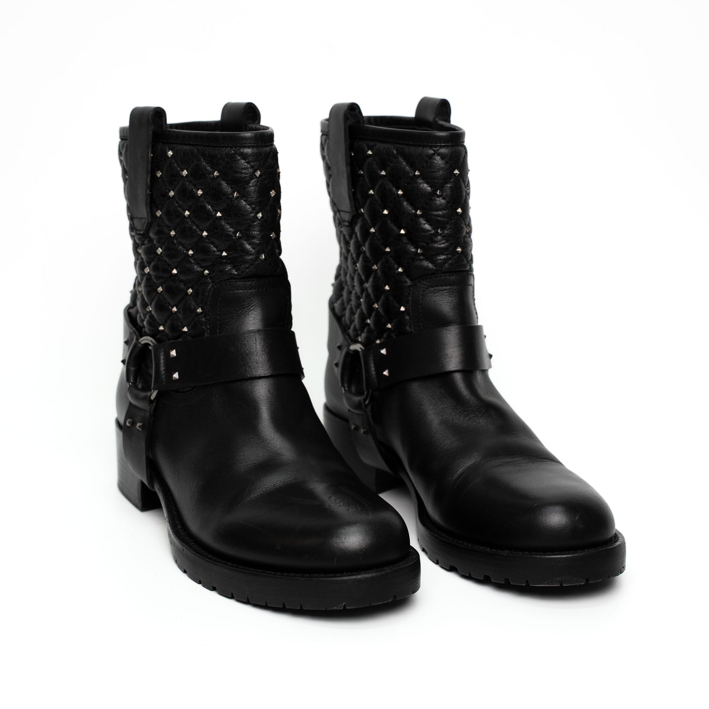 Valentino Garavani Black Leather Studded Biker Boots