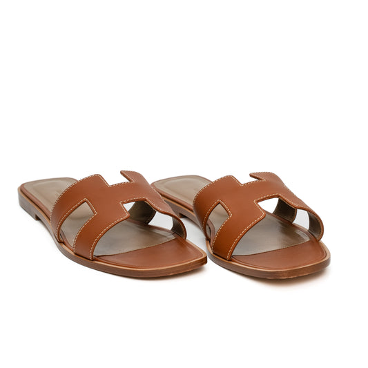 Hermès Oran Brown Calfskin Leather Slide Sandals