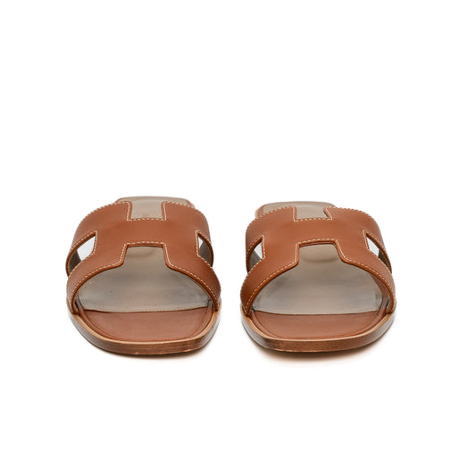 Hermès Oran Brown Calfskin Leather Slide Sandals