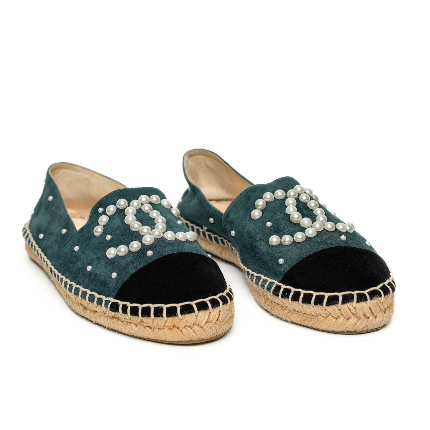 Chanel Pearl Logo Green Suede Espadrilles