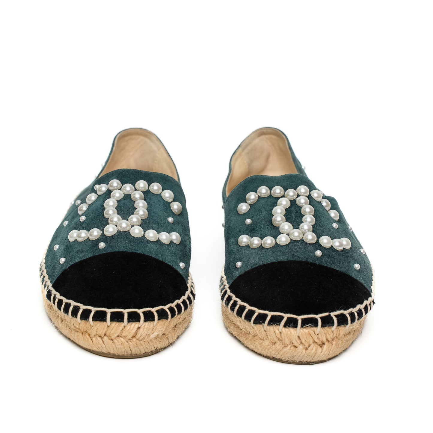 Chanel Pearl Logo Green Suede Espadrilles