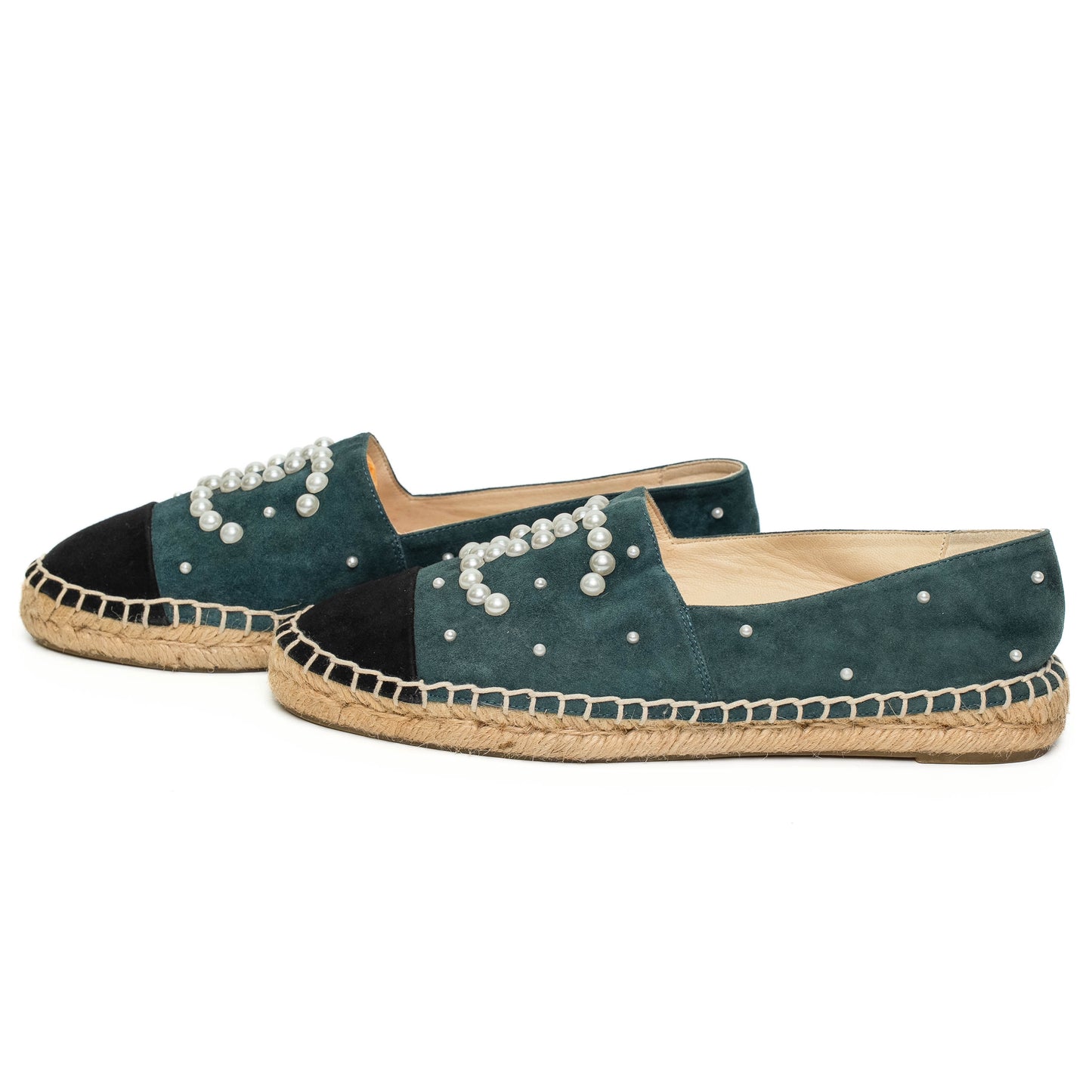Chanel Pearl Logo Green Suede Espadrilles