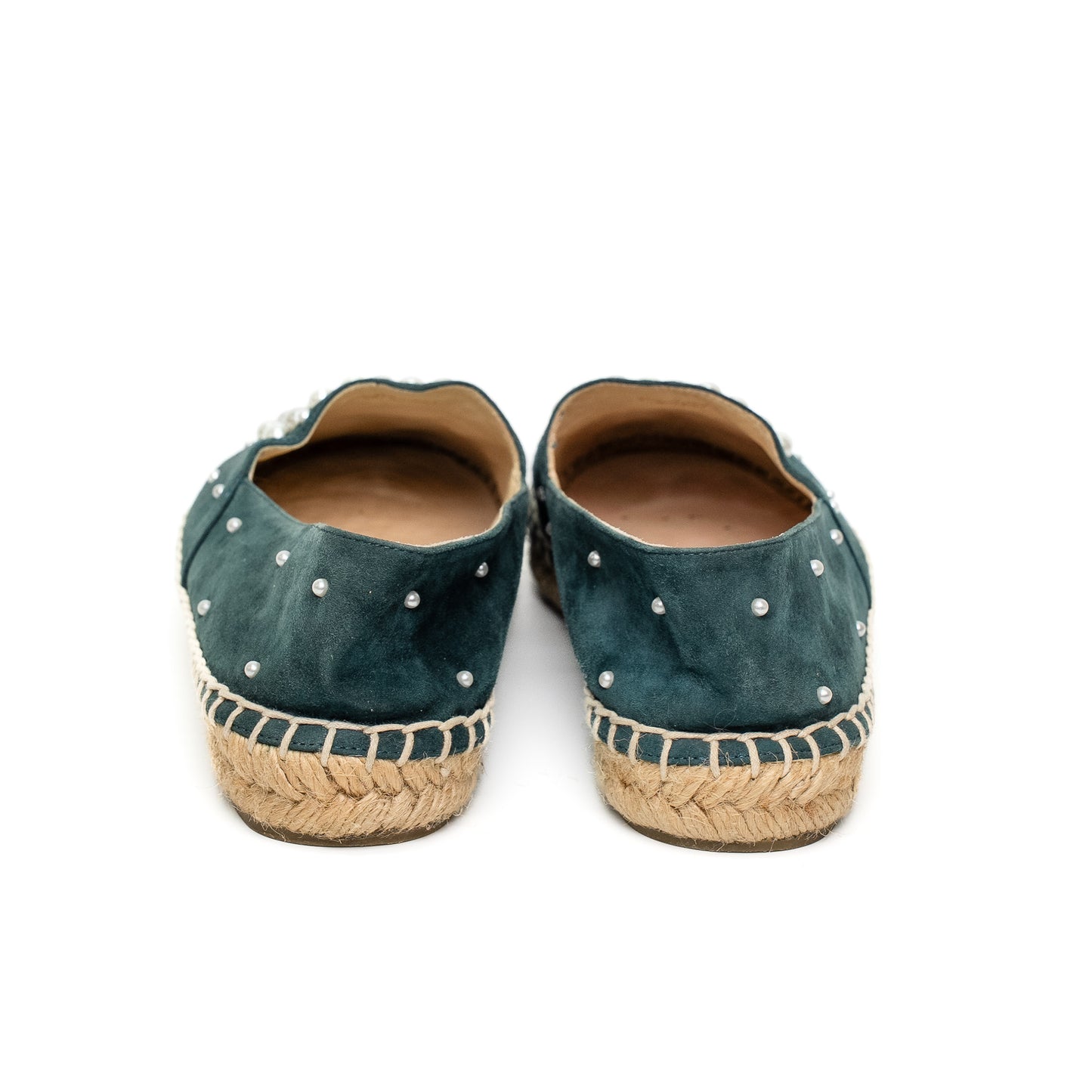 Chanel Pearl Logo Green Suede Espadrilles
