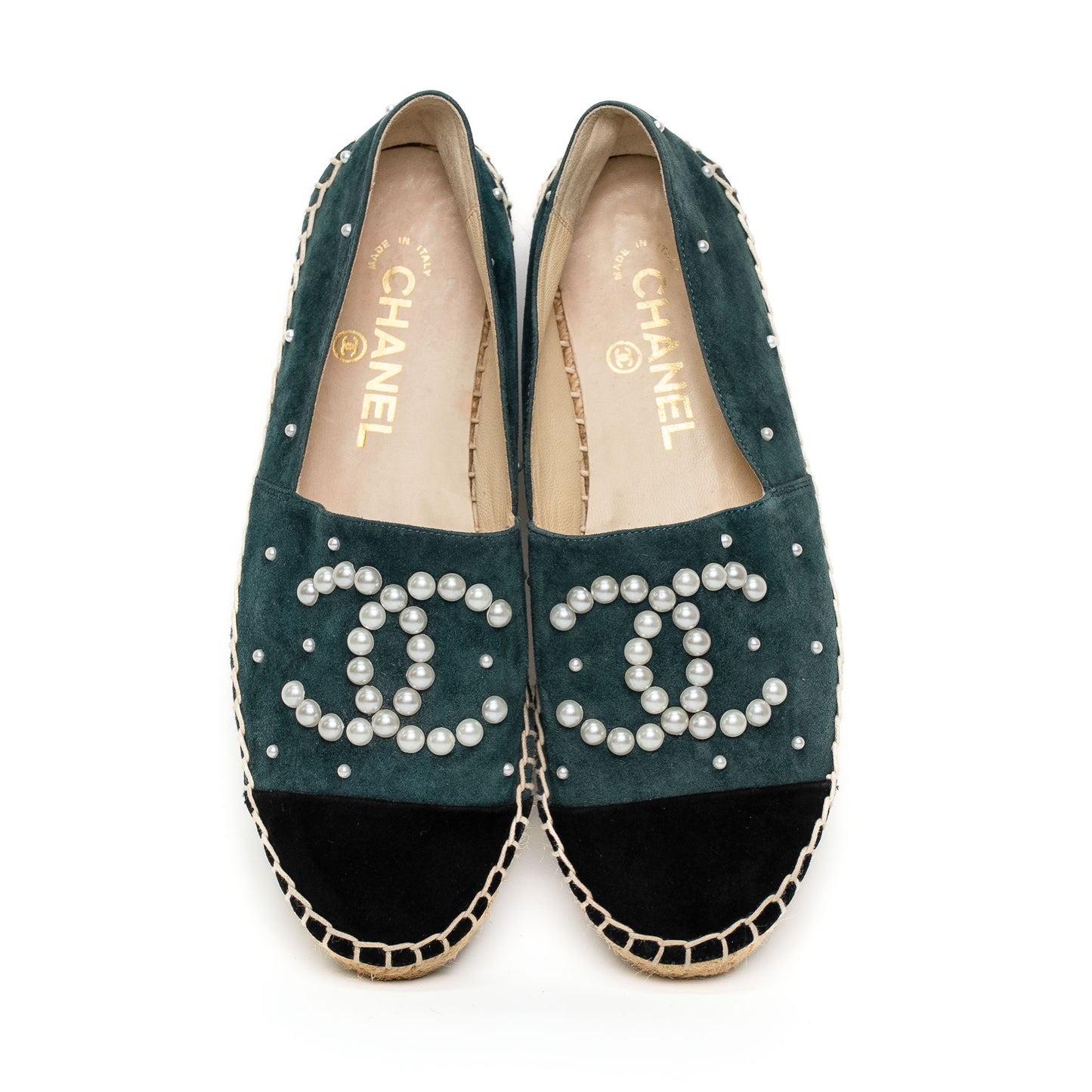 Chanel Pearl Logo Green Suede Espadrilles