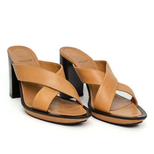 Bally Brown Leather Cross Strap Heeled Sandals