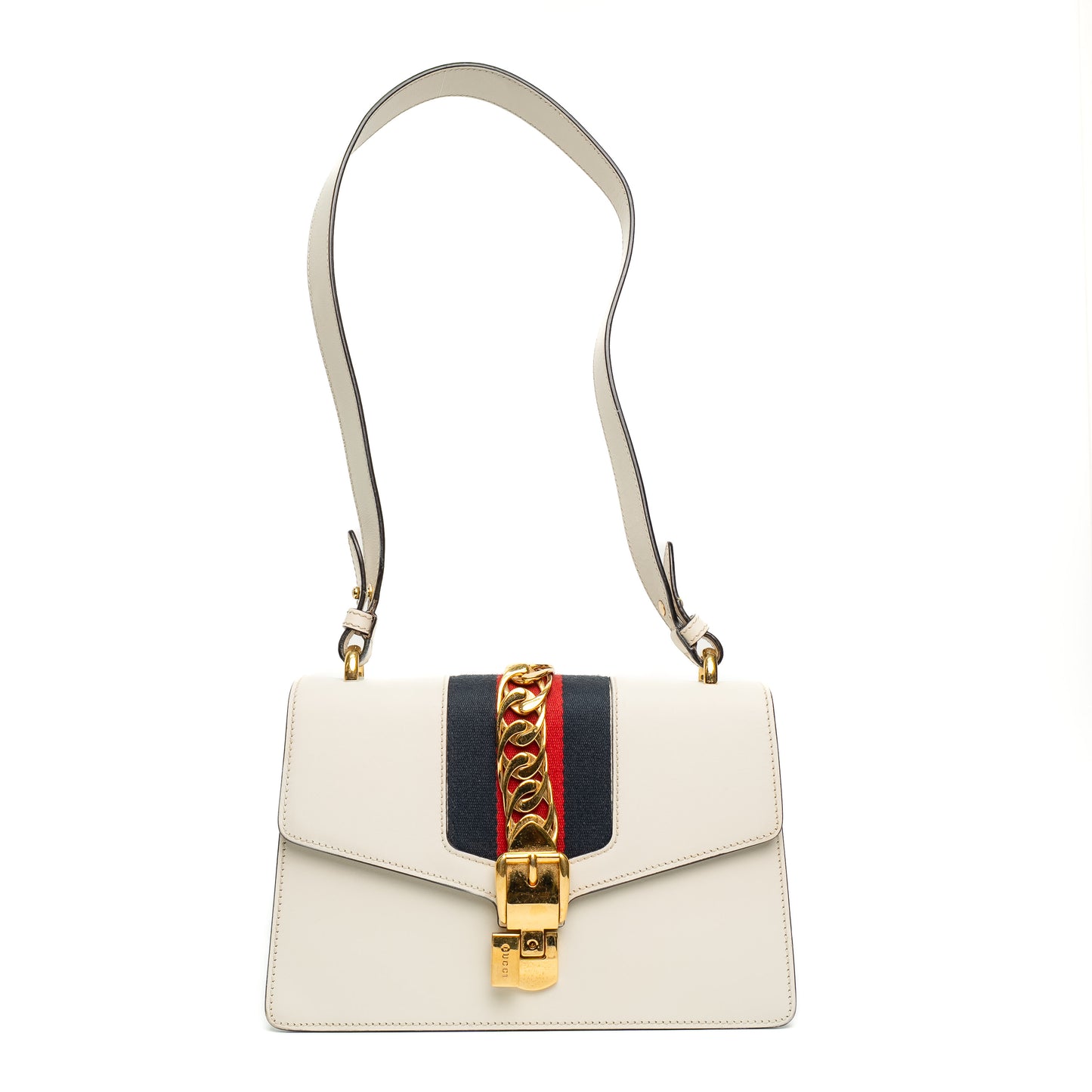 Gucci Sylvie White Calfskin Ribbon Shoulder Bag