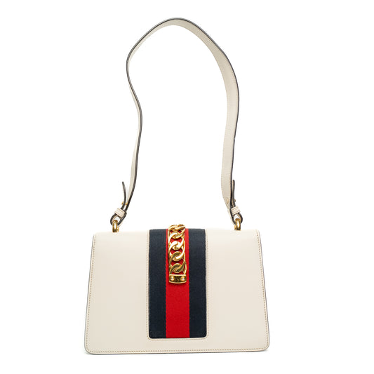 Gucci Sylvie White Calfskin Ribbon Shoulder Bag