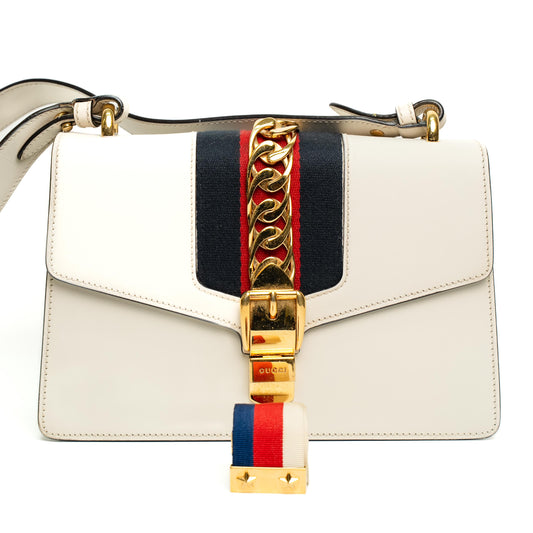 Gucci Sylvie White Calfskin Ribbon Shoulder Bag