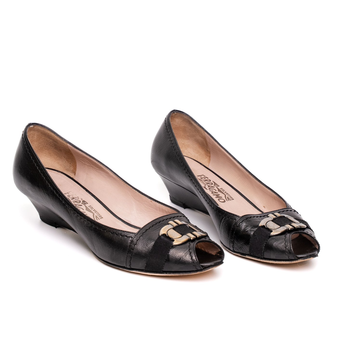Salvatore Ferragamo Black Leather Wedge Heels