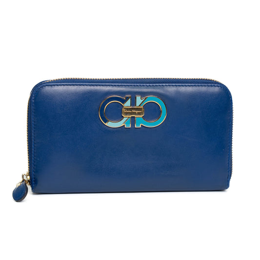 Salvatore Ferragamo Blue Leather Zip Wallet