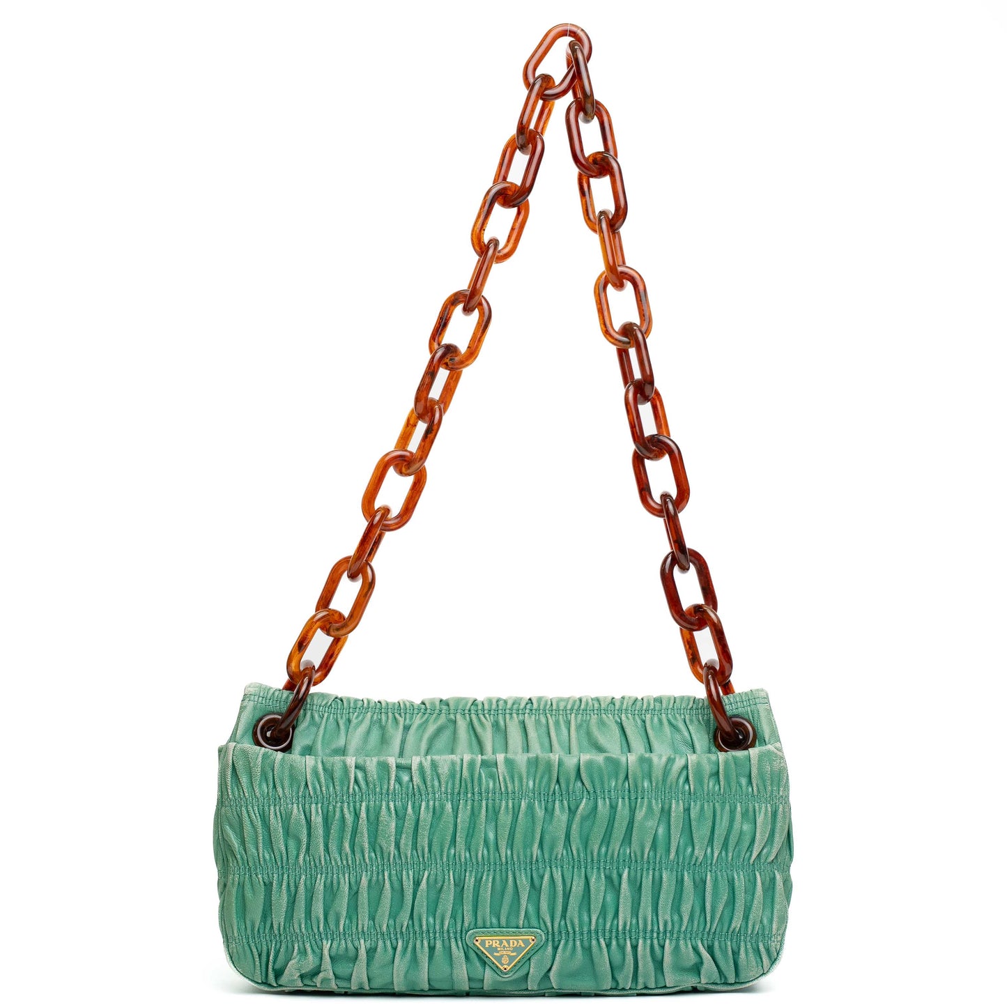 Prada Green Ruched Leather Chain Shoulder Bag