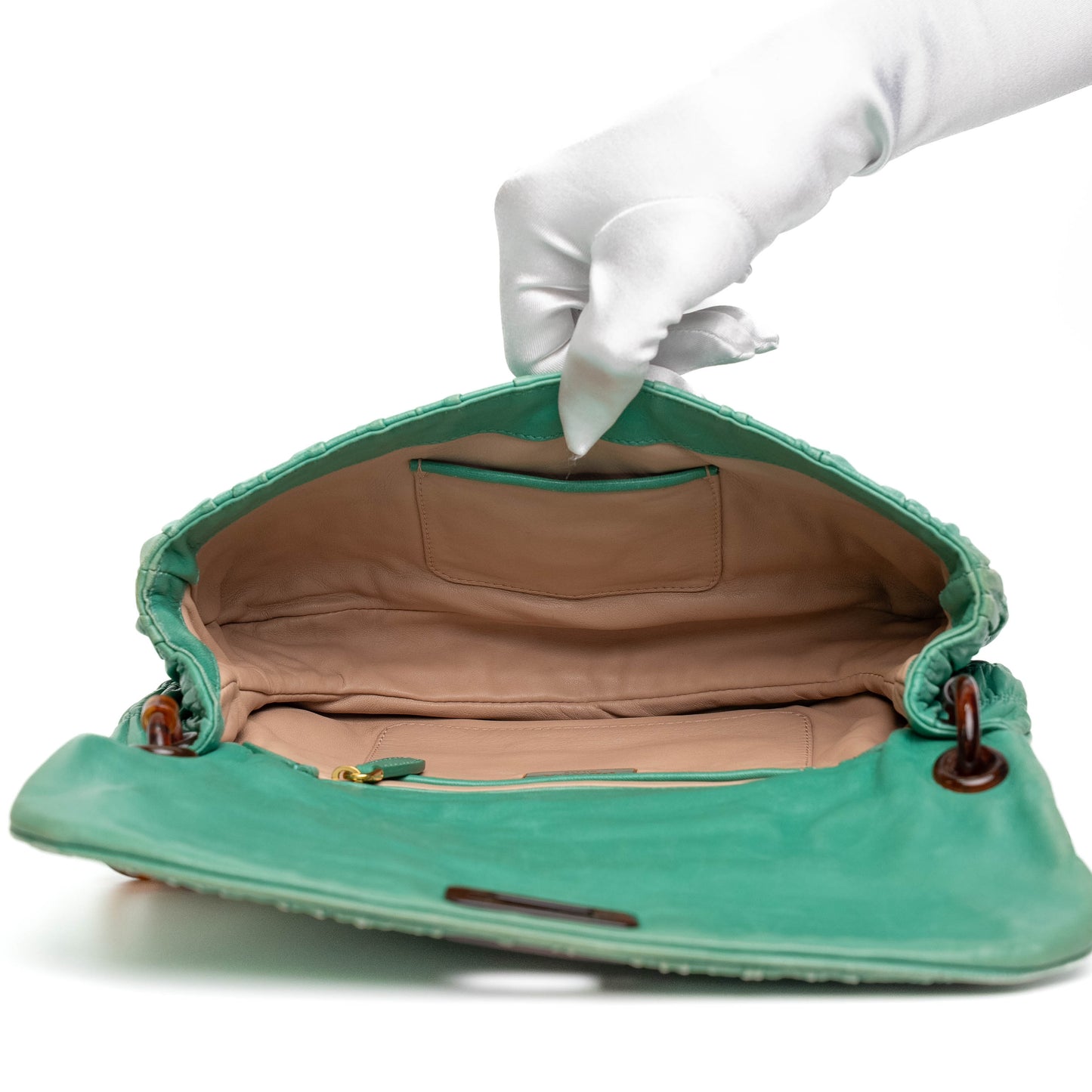 Prada Green Ruched Leather Chain Shoulder Bag
