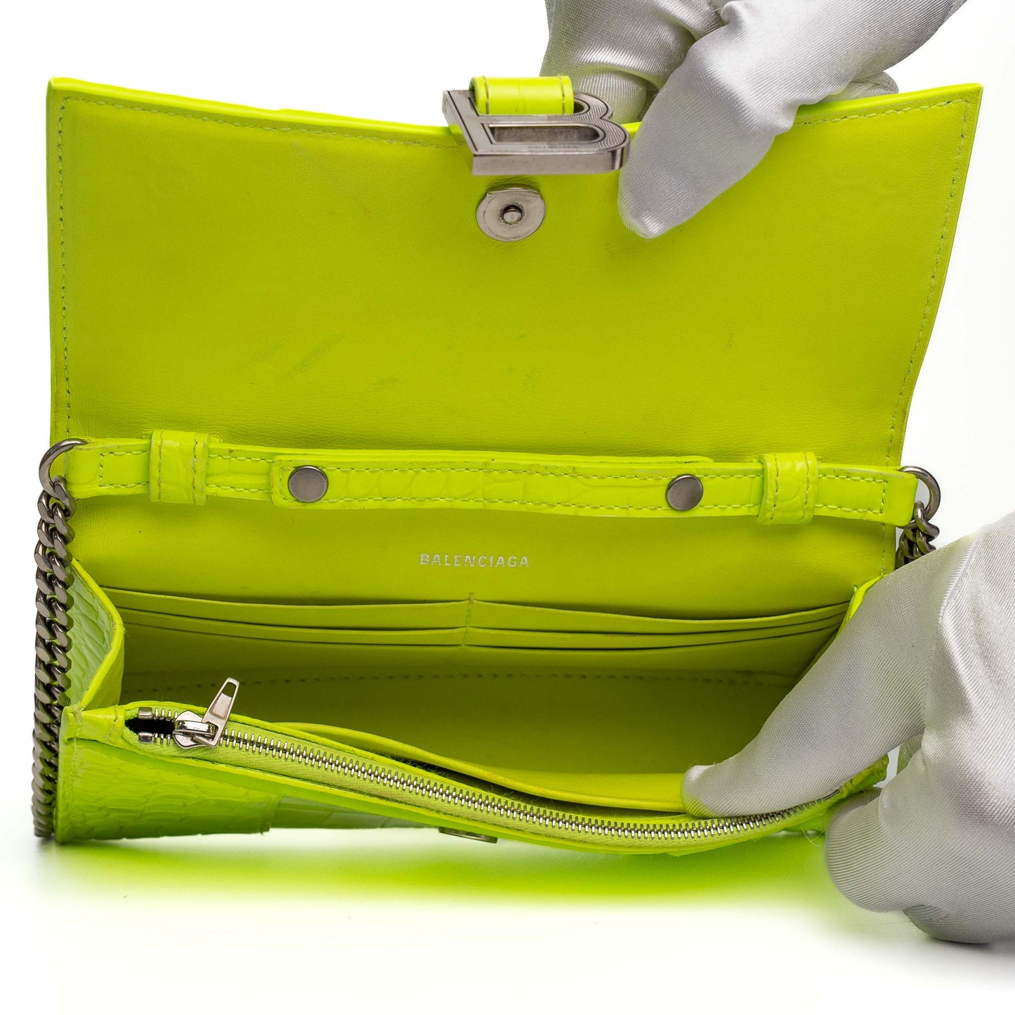 Balenciaga Hourglass Neon Croc Embossed Chain Wallet