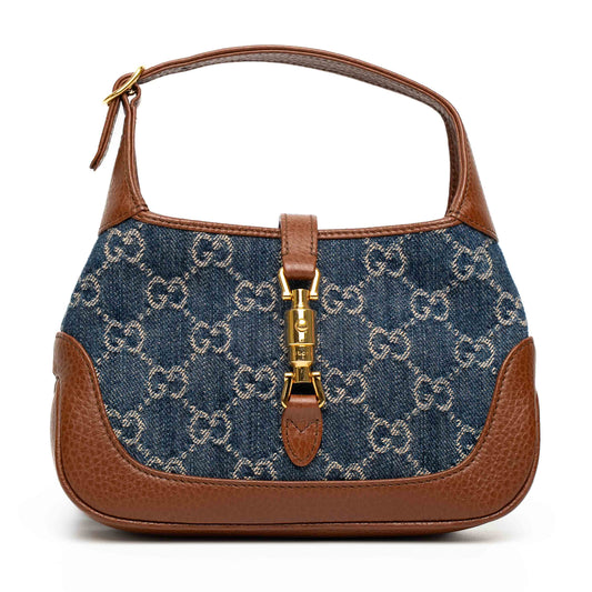 Gucci Jackie 1961 GG Denim Brown Leather Shoulder Bag