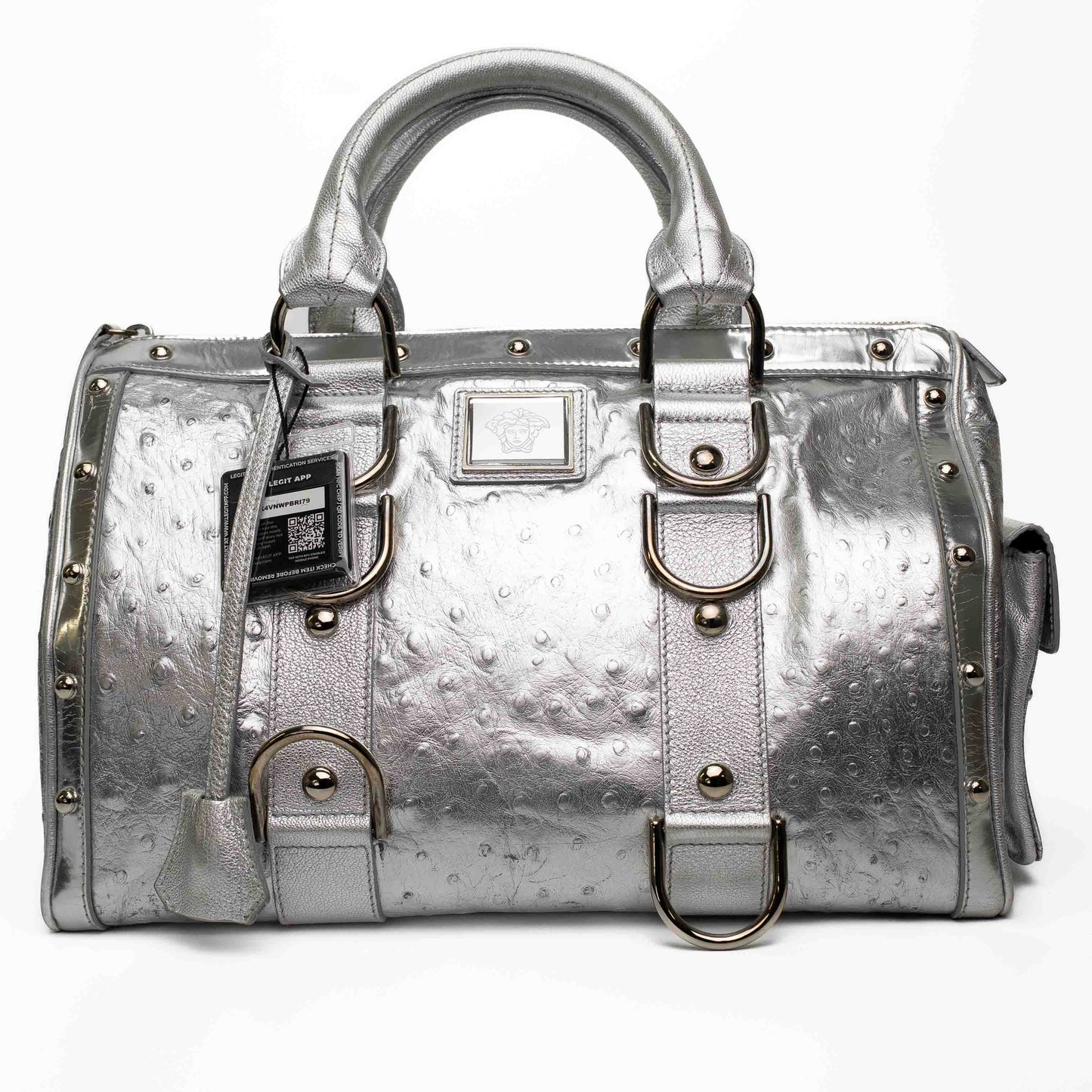 Versace Silver Ostrich Embossed Leather Satchel Bag