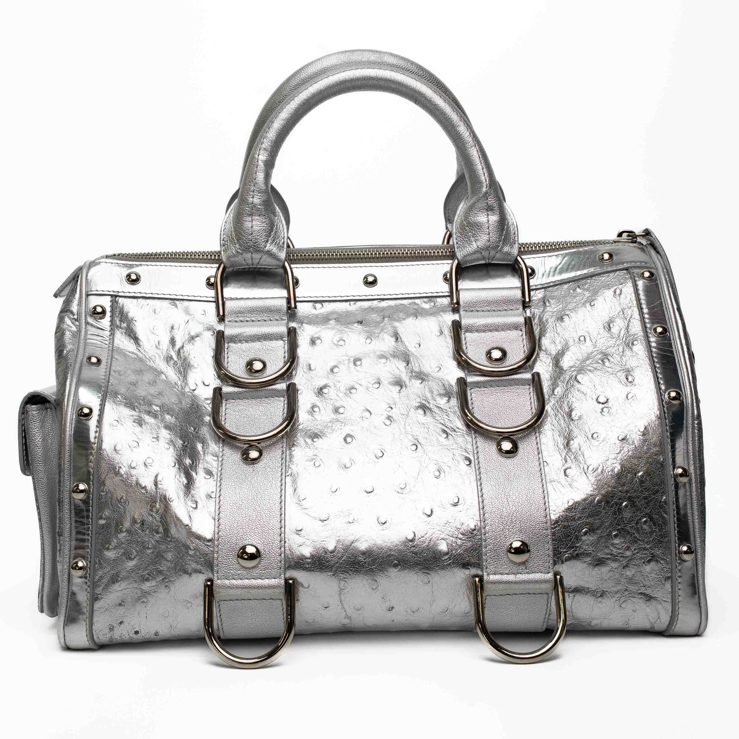 Versace Silver Ostrich Embossed Leather Satchel Bag