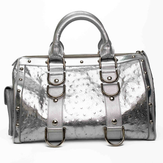 Versace Silver Ostrich Embossed Leather Satchel Bag