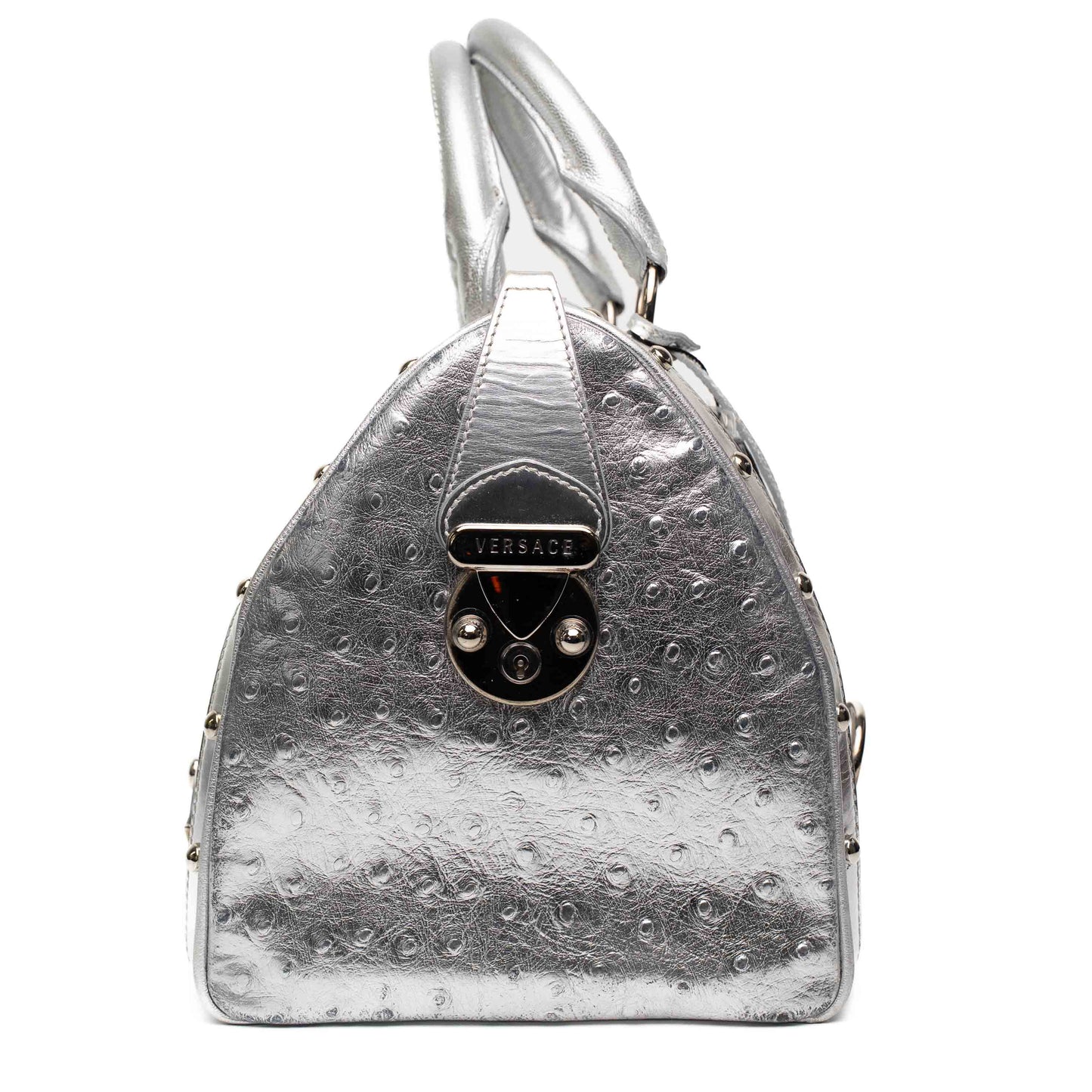 Versace Silver Ostrich Embossed Leather Satchel Bag