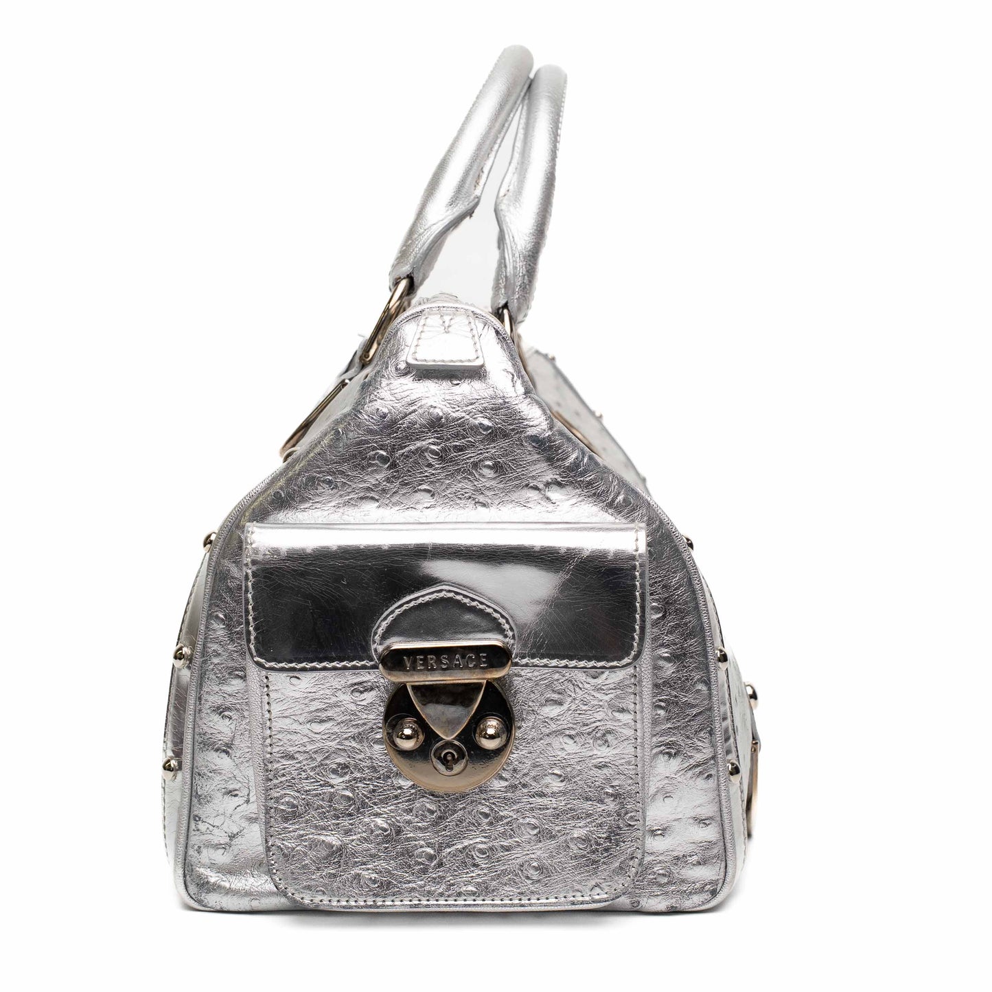 Versace Silver Ostrich Embossed Leather Satchel Bag