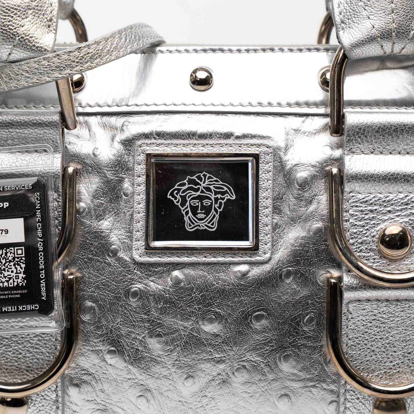 Versace Silver Ostrich Embossed Leather Satchel Bag