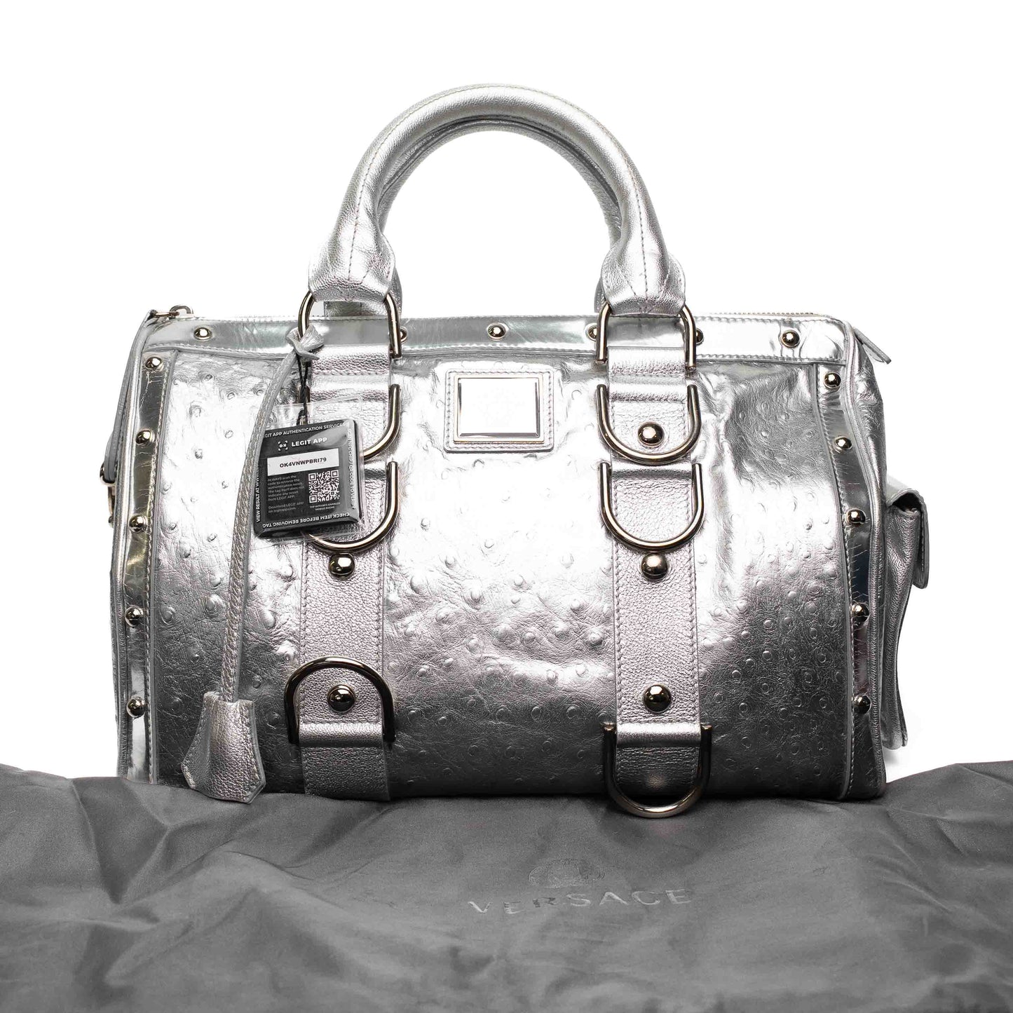 Versace Silver Ostrich Embossed Leather Satchel Bag