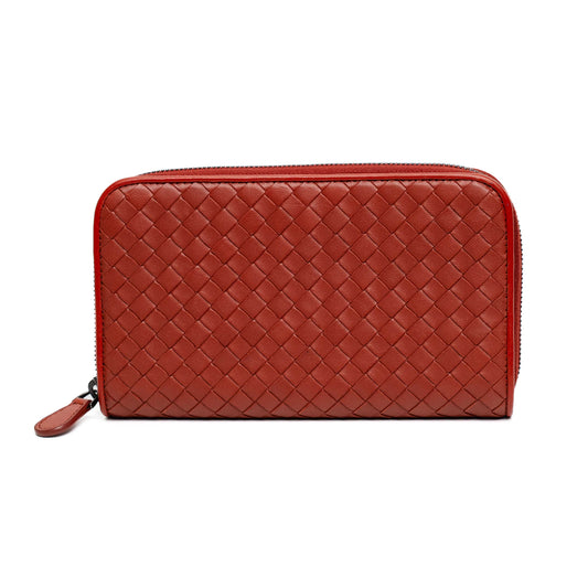 Bottega Veneta Red Intrecciato Zip Wallet
