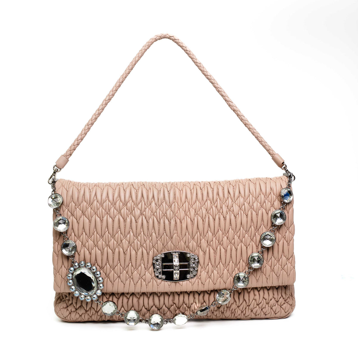 Miu Miu Cammeo Pink Matelasse Crystal Shoulder Bag